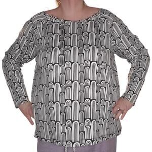 Kate Quinn Rainbow Arch Print Boat Neck Top Black White Retro Geo Cotton Size 1X